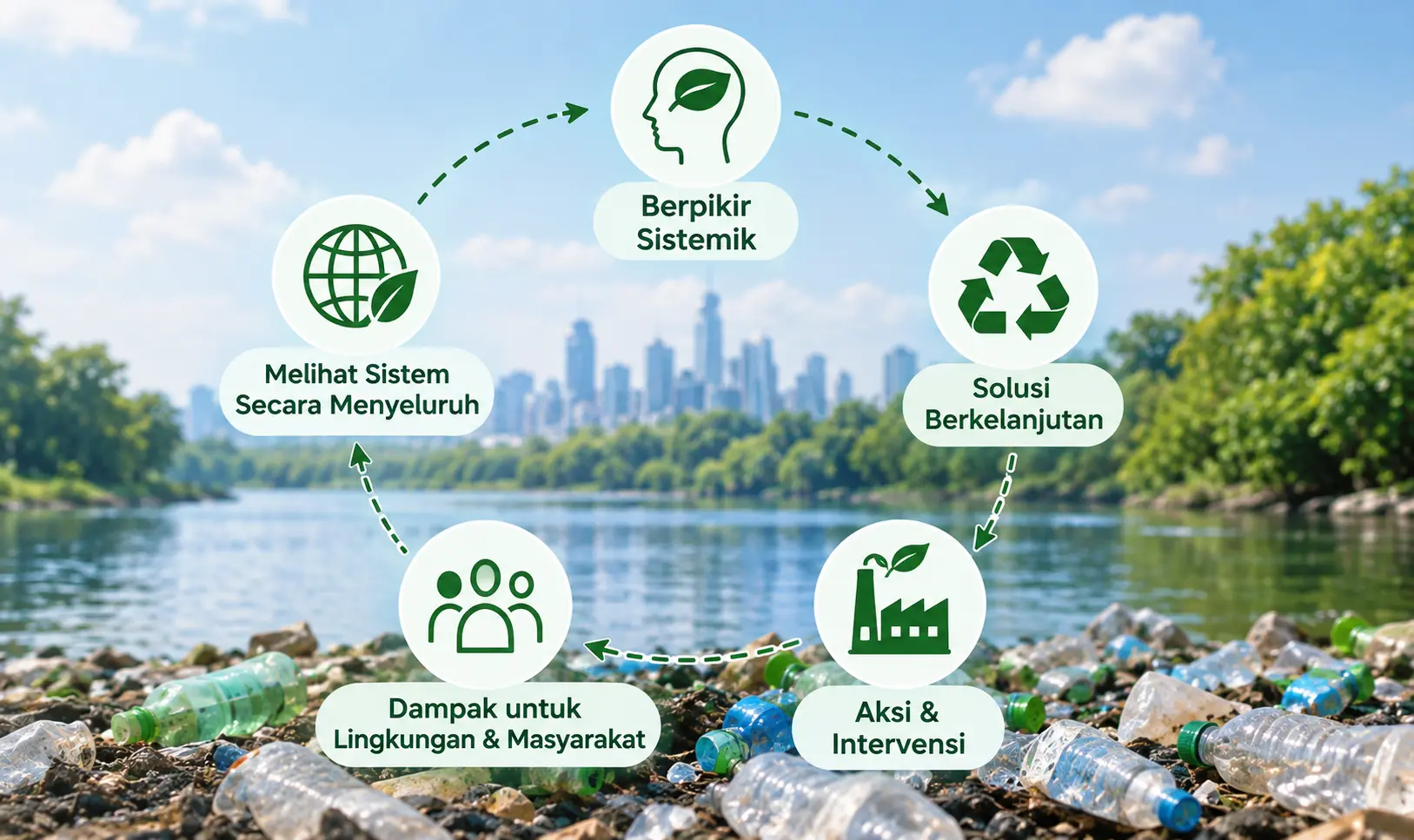 Ilustrasi siklus berpikir sistemik untuk keberlanjutan plastik: berpikir sistemik, solusi berkelanjutan, aksi dan intervensi, dampak untuk lingkungan dan masyarakat, melihat sistem secara menyeluruh -- dengan latar sungai yang tercemar sampah plastik